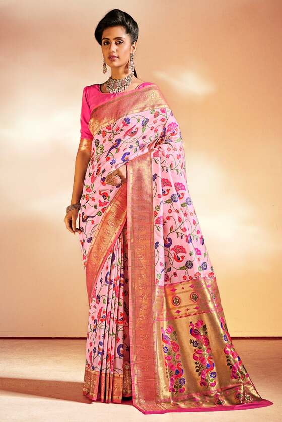 Baby Pink Woven Paithani Silk Saree