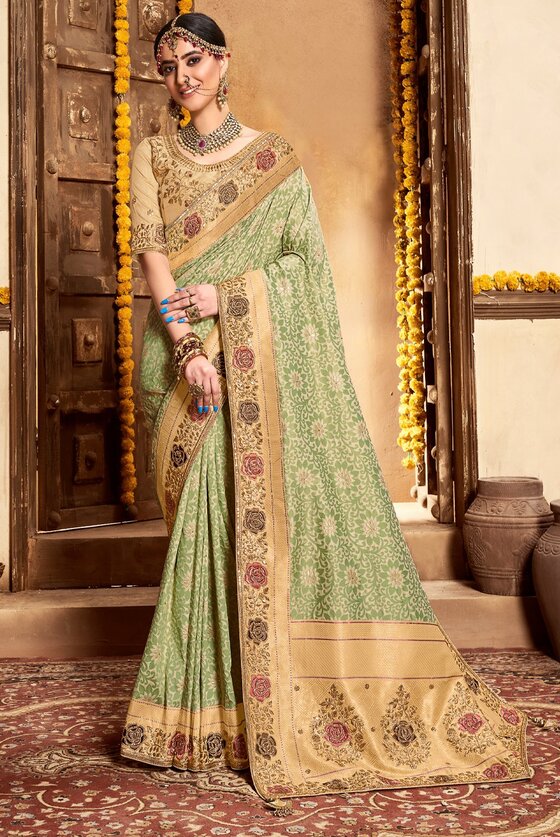 Lily Green Woven Banarasi Silk Embroidered Saree