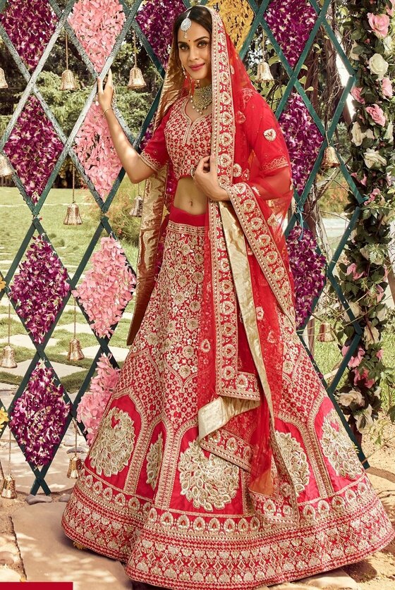 Imperial Red Raw Silk Lehenga Choli With Resham, Zarkan & Dori Work