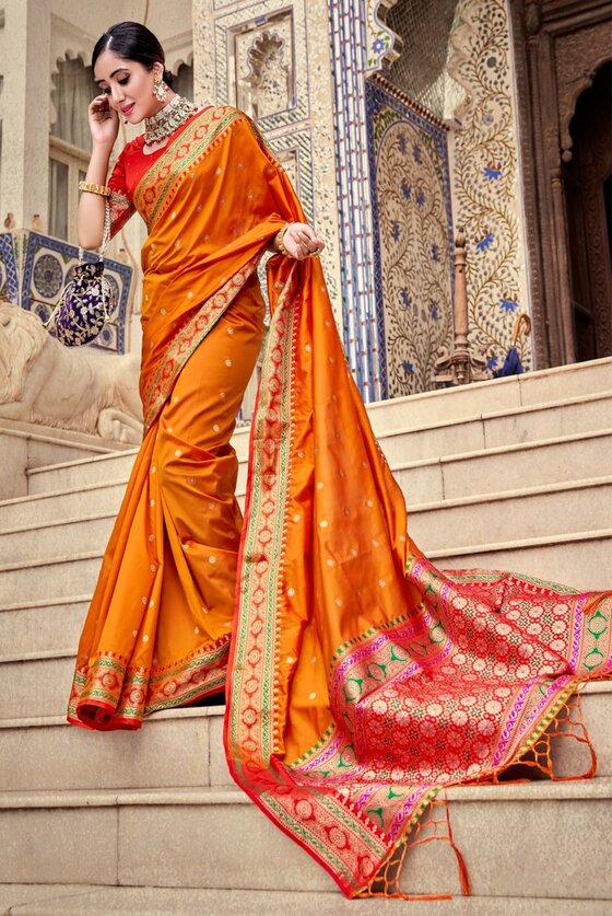 Saffron Orange Woven Banarasi Soft Silk Saree