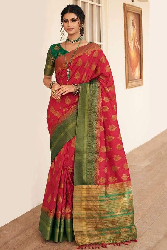 Chilli Red Zari Butta Woven Banarasi Silk Saree