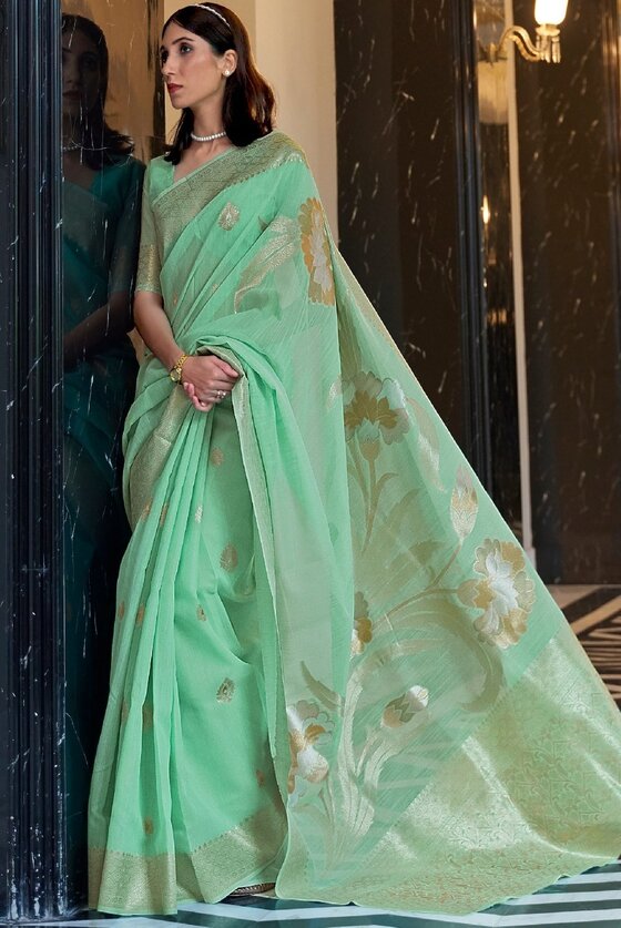 Green Zari Woven Linen Silk Saree