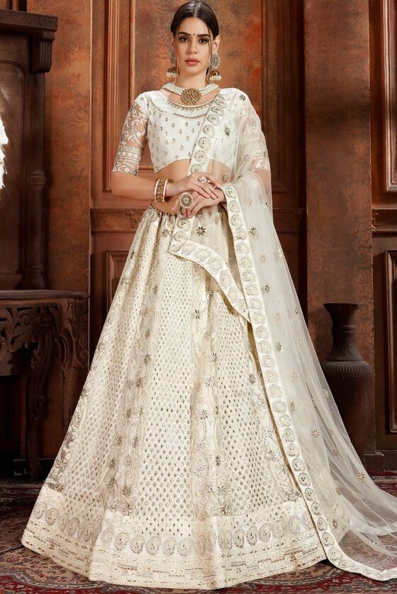 Daisy White Lehenga Choli With Stone, Pearl & self Embroidered work