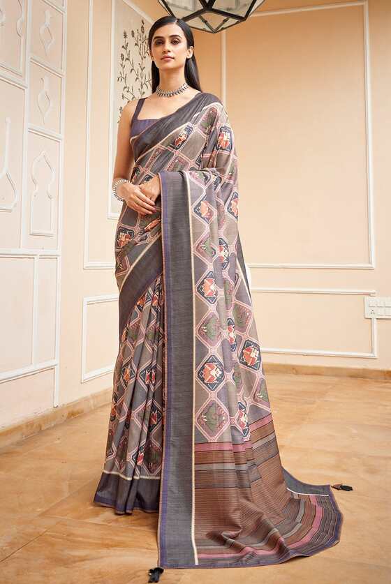 Flint Grey Mughal Inspired Digital Print Saree