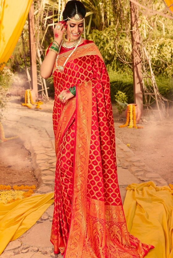 Cherry Red Woven Kanjivaram Saree