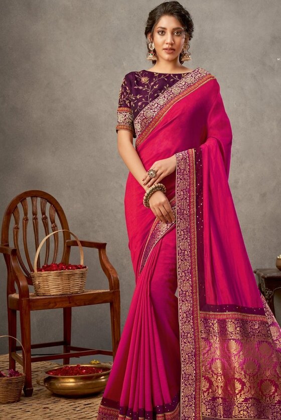 Pink Dual Tone Georgette Silk Saree With Thread, Zari & Cord Embroidery