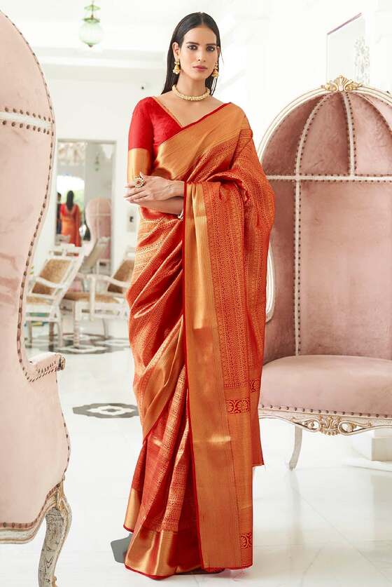 Candy Red Woven Kanjivaram Silk Saree