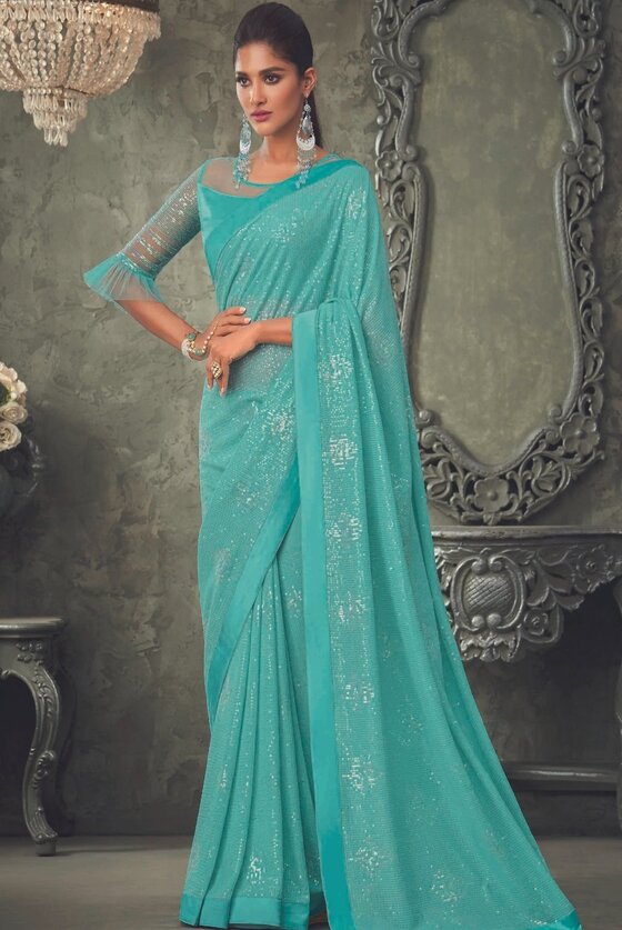 Blue Sequins Designer Georgette Saree