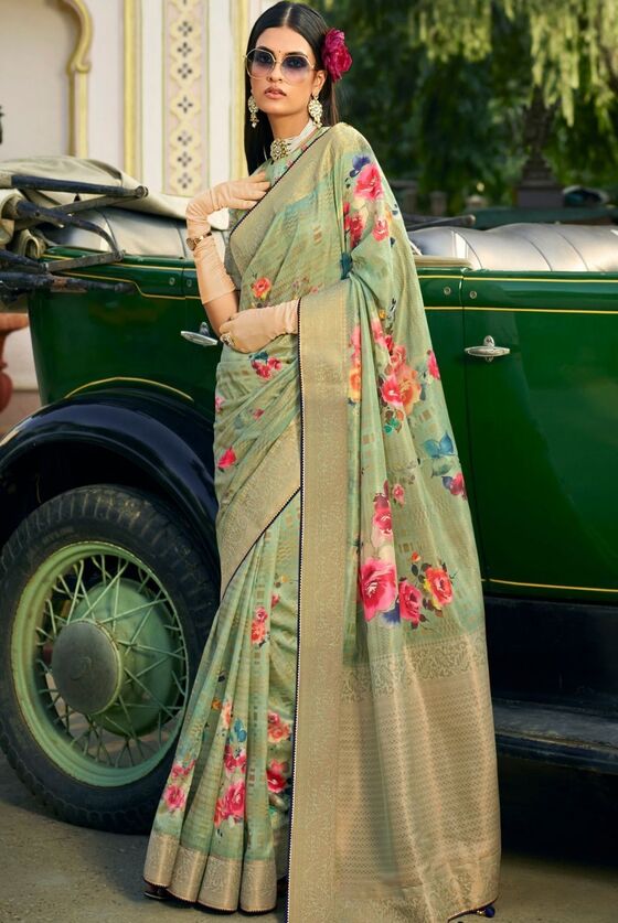 Moss Green Floral Tissue Silk saree