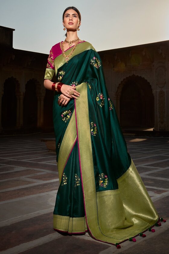 Sycamore Green Woven Banarasi Silk Paithani Saree