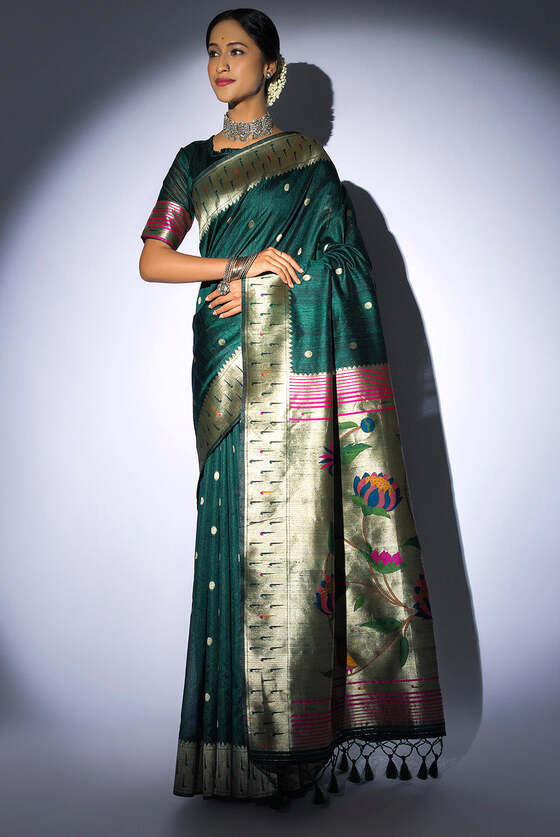 Sacramento Green Tussar Silk Zari Woven Saree With Paithani Border And Pallu