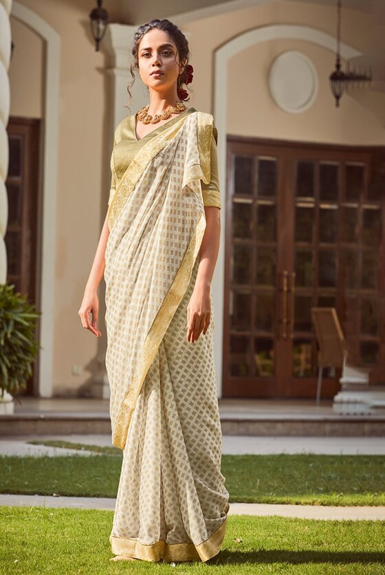 Ivory Printed Banarasi Silk Saree