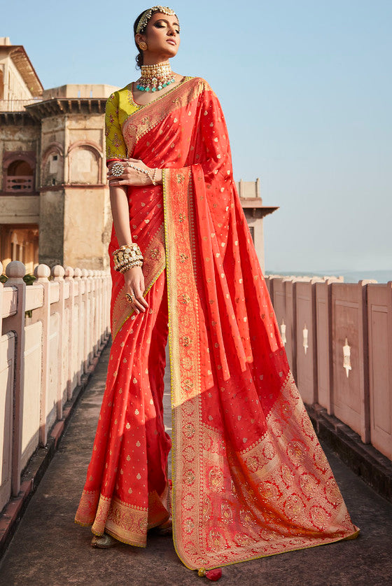 Persian Red Woven Banarasi Silk Saree With Embroidered Blouse