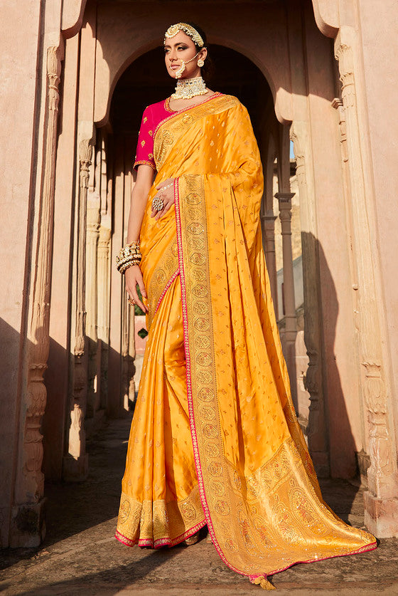 Merigold Orange Woven Banarasi Silk Saree With Embroidered Blouse