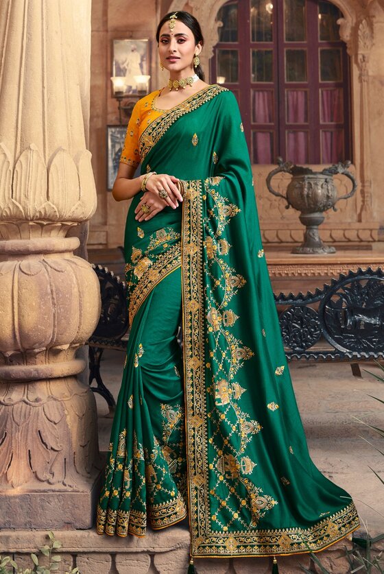 Green Designer Embroidered Silk Saree