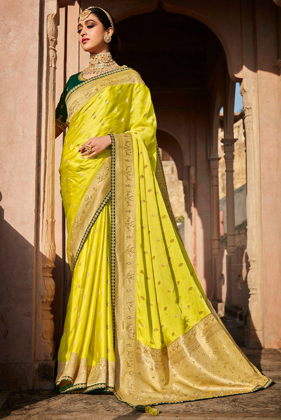 Chartreuse Green Woven Banarasi Silk Saree With Embroidered Blouse