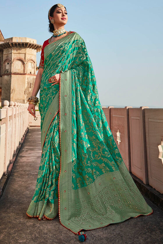 Teal Green Woven Banarasi Silk Saree With Embroidered Blouse