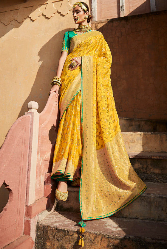 Cyber Yellow Woven Banarasi Silk Saree With Embroidered Blouse