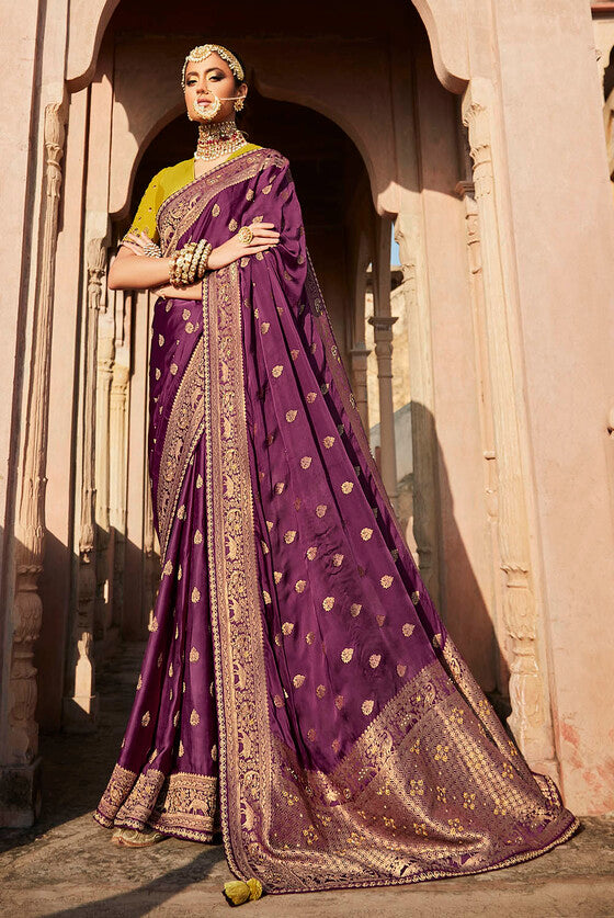 Byzantine Purple Woven Banarasi Silk Saree With Embroidered Blouse