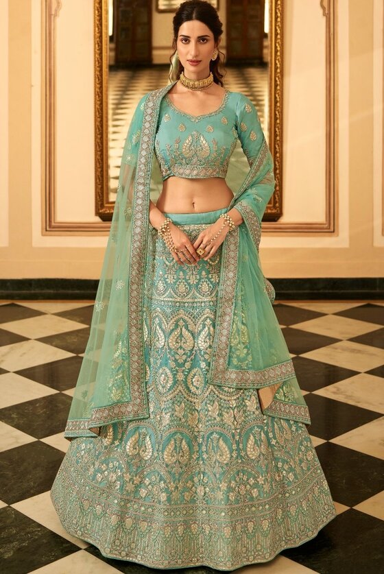 Turquoise Blue Organza Lehenga Choli With Zari, Dori, Resham, Gota & Zarkan Work