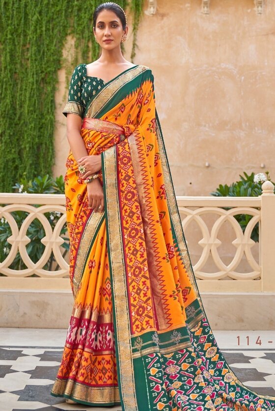 Yellow & Green Patola Silk Saree with Zari Borders