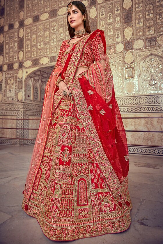 Crimson Red Banarasi Silk Lehenga Choli With Jarkan,Cutdana, And Hand Embroidery Work