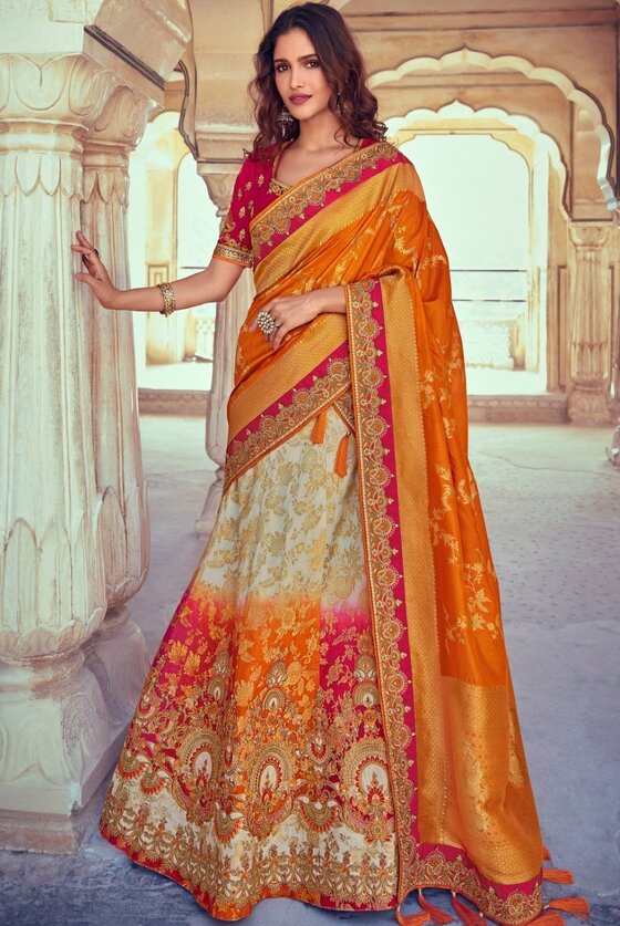 Daisy White & Orange Banarasi Silk Lehenga Choli With Heavy Embroidery Blouse & Border