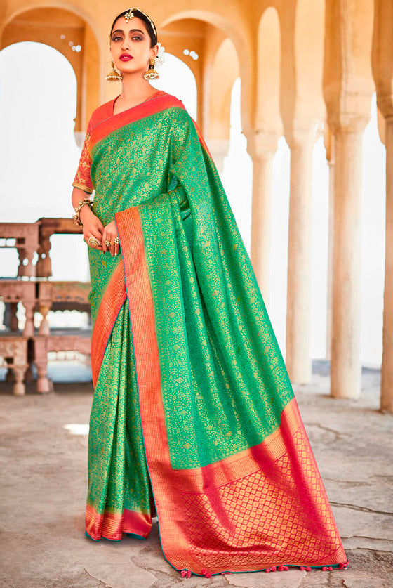 Jade Green Zari Woven Kanjivaram Silk Saree With Embroidered Blouse