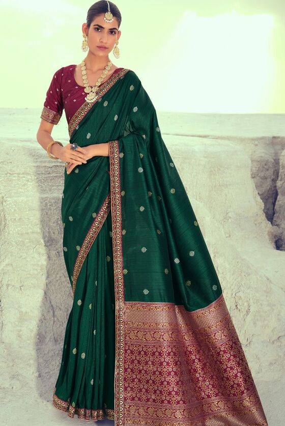 Sacramento Green Woven Banarasi Silk Saree With Embroidered Border & Swarovski Work