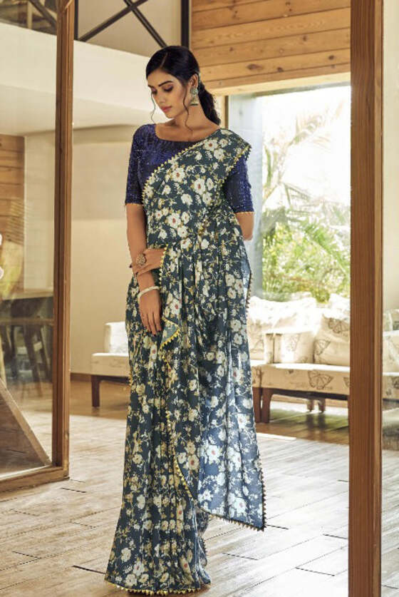 Blue Printed Silk Saree With Sequins Blouse