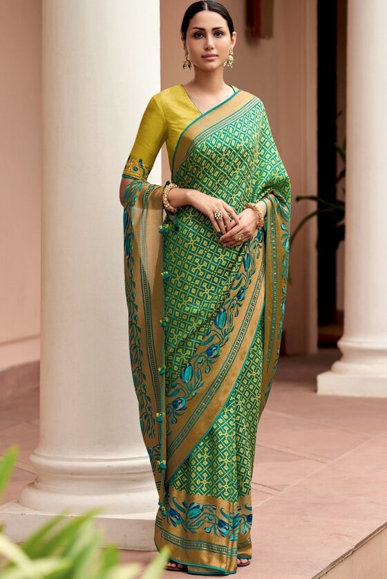 Leaf Green Printed Patola Silk Saree With Embroidered Blouse