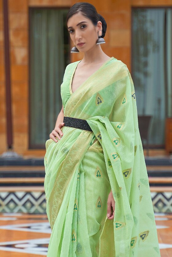 Pistachio Green Woven Banarasi Linen Saree