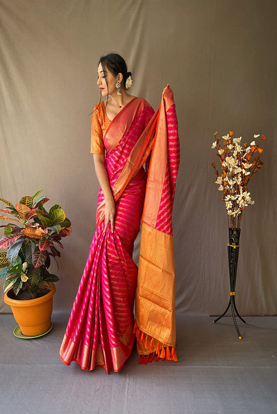 Pink Banarasi Silk Golden Zari Woven Silk Saree