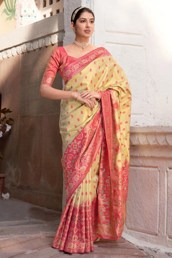 Beige Patola Saree With kanjivaram Border & Blouse