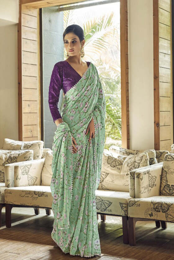 Green Printed Silk Saree With Sequins Blouse