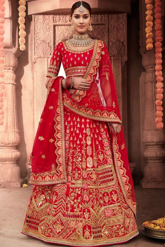 Crimson Red Embroidered Silk Lehenga Choli