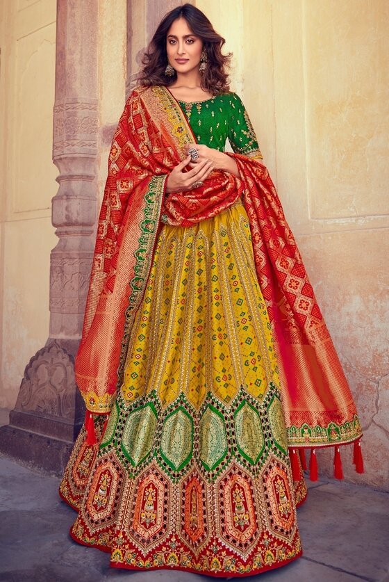 Yellow & Red Banarasi Silk Lehenga Choli With Heavy Embroidery Blouse & Border