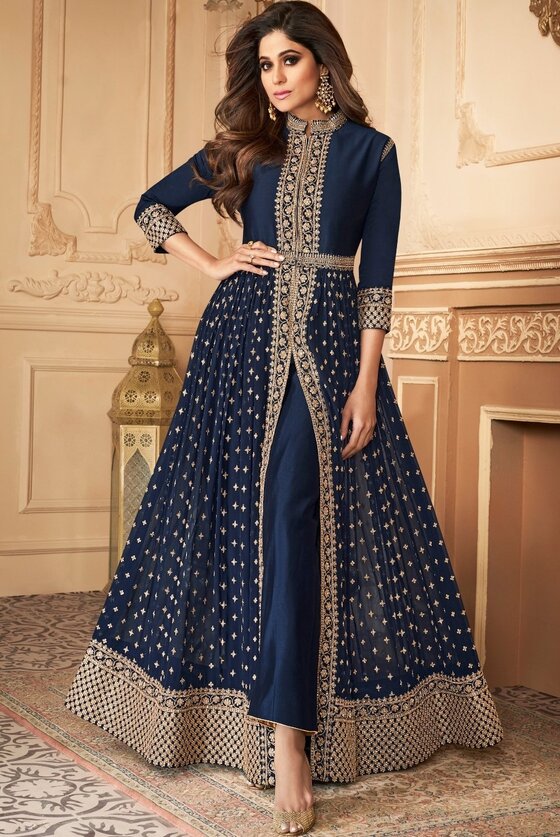 Berry Blue Long Semi Stitched Anarkali With Intricate Embroidered Work