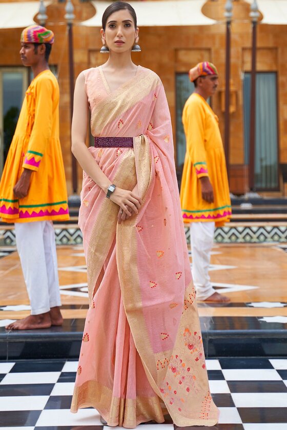 Pink Woven Banarasi Linen Saree