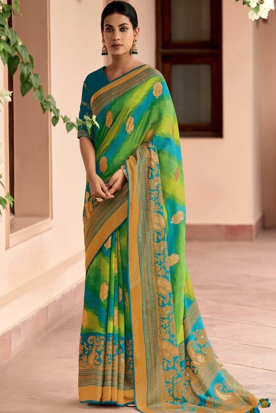 Blue And Green Printed Patola Silk Saree With Embroidered Blouse