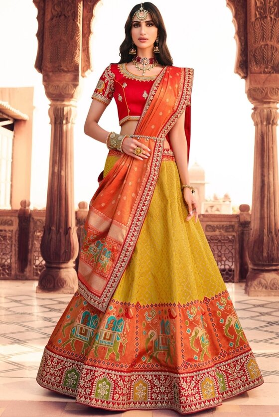 Yellow & Orange Banarasi Silk Lehenga Choli With Heavy Embroidery Work