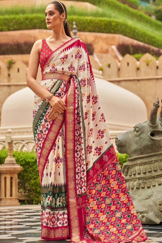 White & Red Patola Silk Saree with Zari Borders