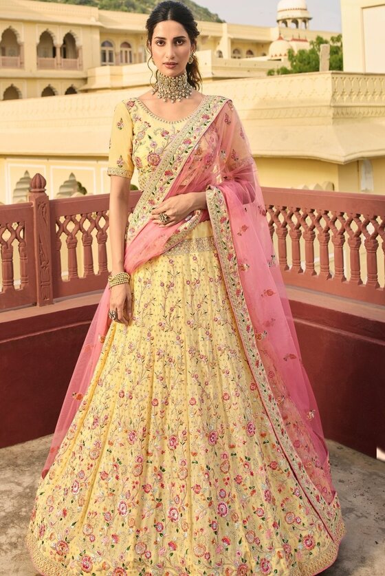 Daffodil Yellow Lehenga Choli With Zari, Dori, Swarvoski, Thread & Zarkan Work