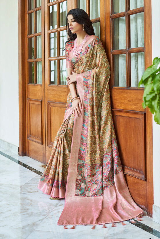 Brown Kashmiri Silk Digital Printed Saree