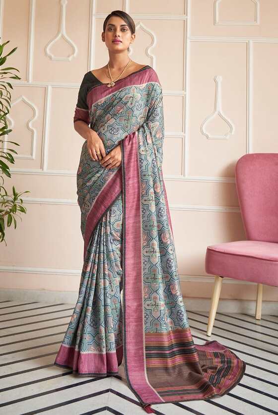 Florentine Grey Mughal Inspired Digital Print Saree