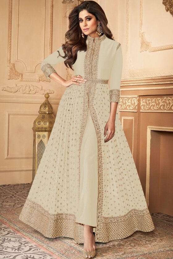 Parchment White long Semi Stitched Anarkali with intricate Embroidered work