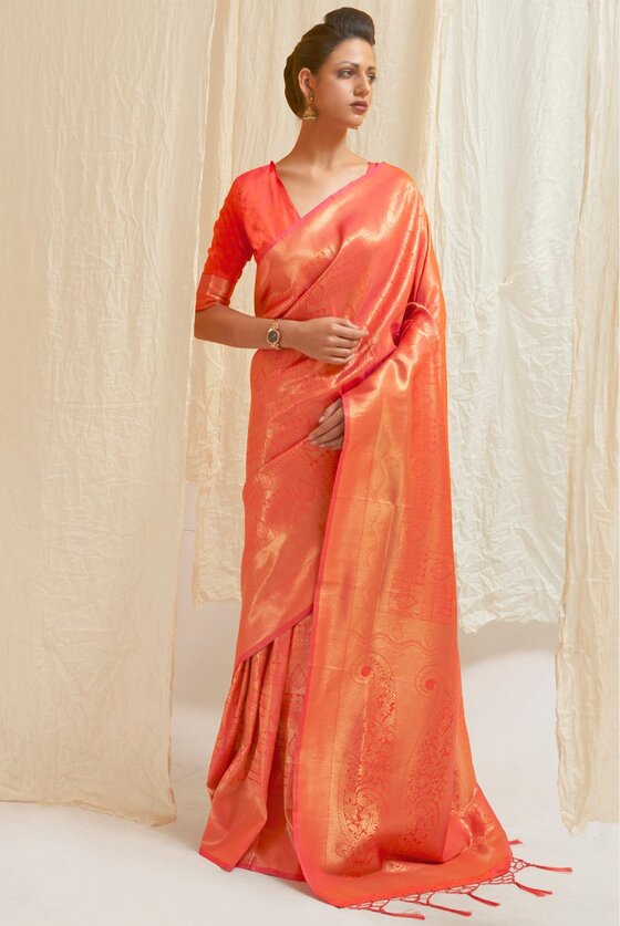 Golden Citrus Orange Woven Kanjivaram Saree