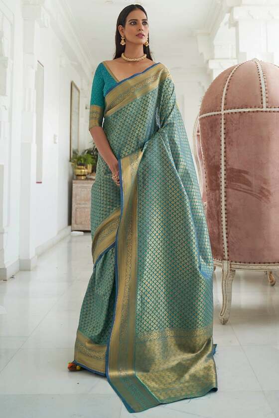 Turkish Blue Woven Kanjivaram Silk Saree