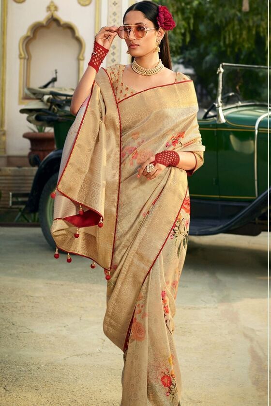 Tan Brown Floral Tissue Silk saree