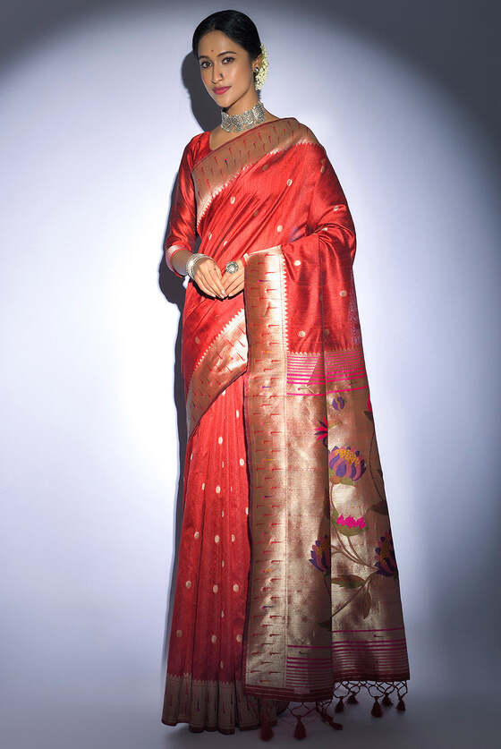 Candy Red Tussar Silk Zari Woven Saree With Paithani Border And Pallu